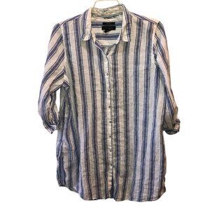 Tahari 1X White Blue Stripe 3/4 Sleeve Linen Button Up Tunic Blouse Top Shirt
